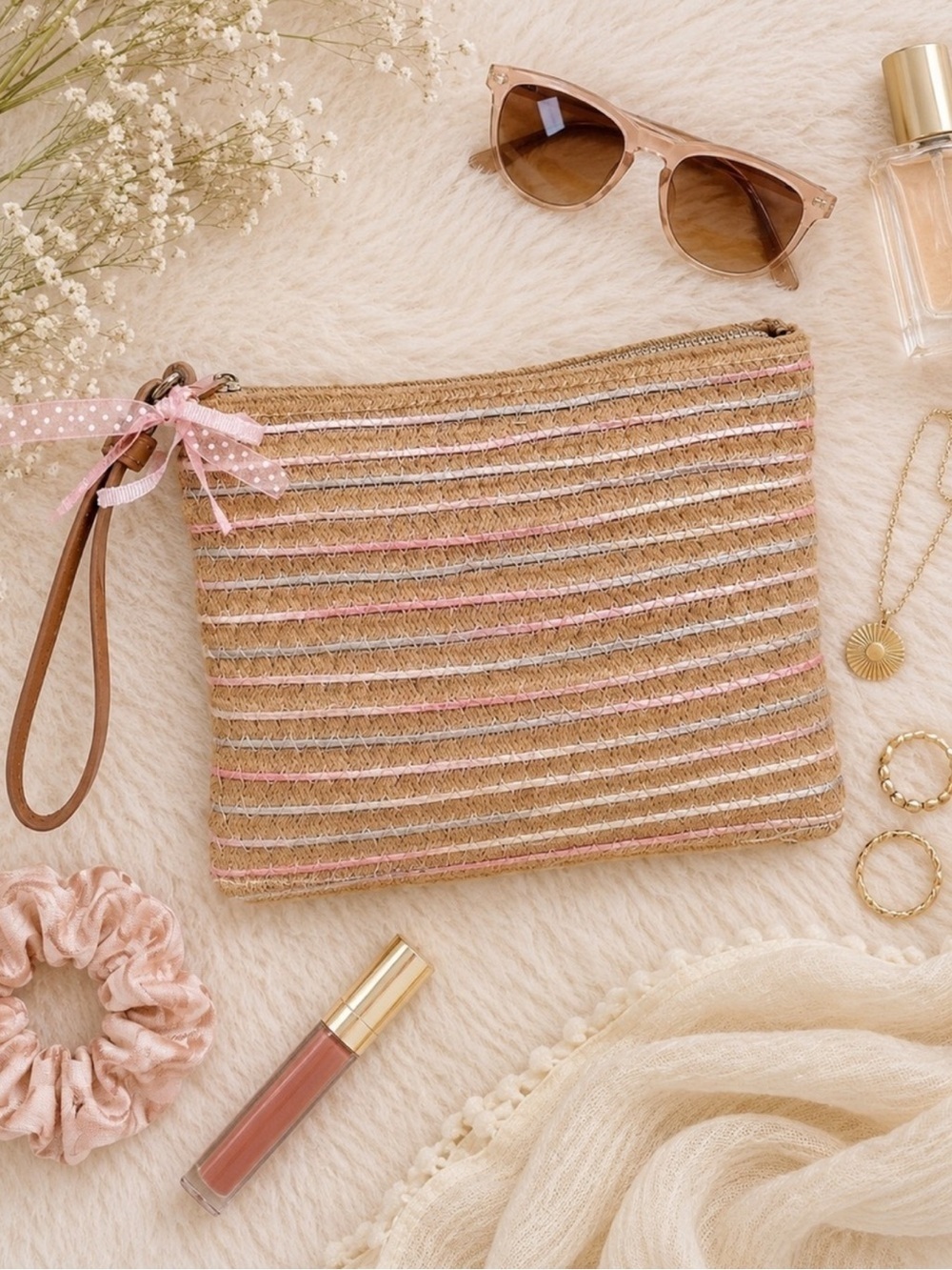 Woven Rattan Clutch Purse/Jewelry Bag with Pink and Blue Ribbon **Like New**
